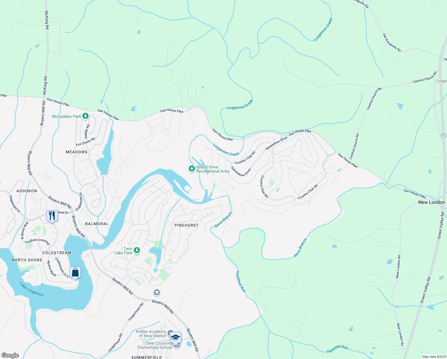 map of restaurants, bars, coffee shops, grocery stores, and more near 6955 Country Club Terrace in New Market