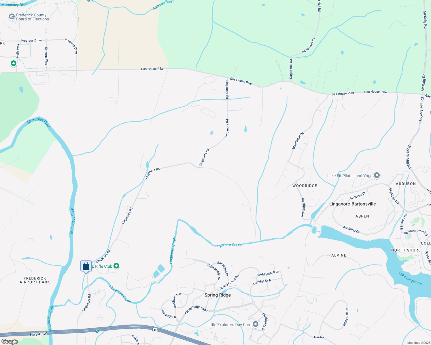 map of restaurants, bars, coffee shops, grocery stores, and more near 6841 Plantation Road in Frederick