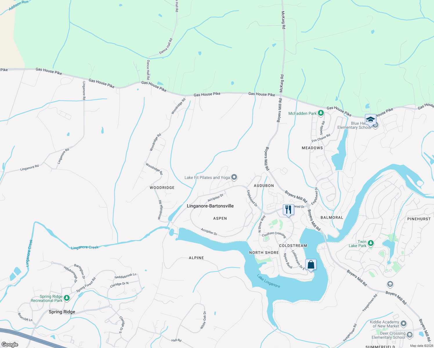 map of restaurants, bars, coffee shops, grocery stores, and more near 6826 West Shavano Road in New Market