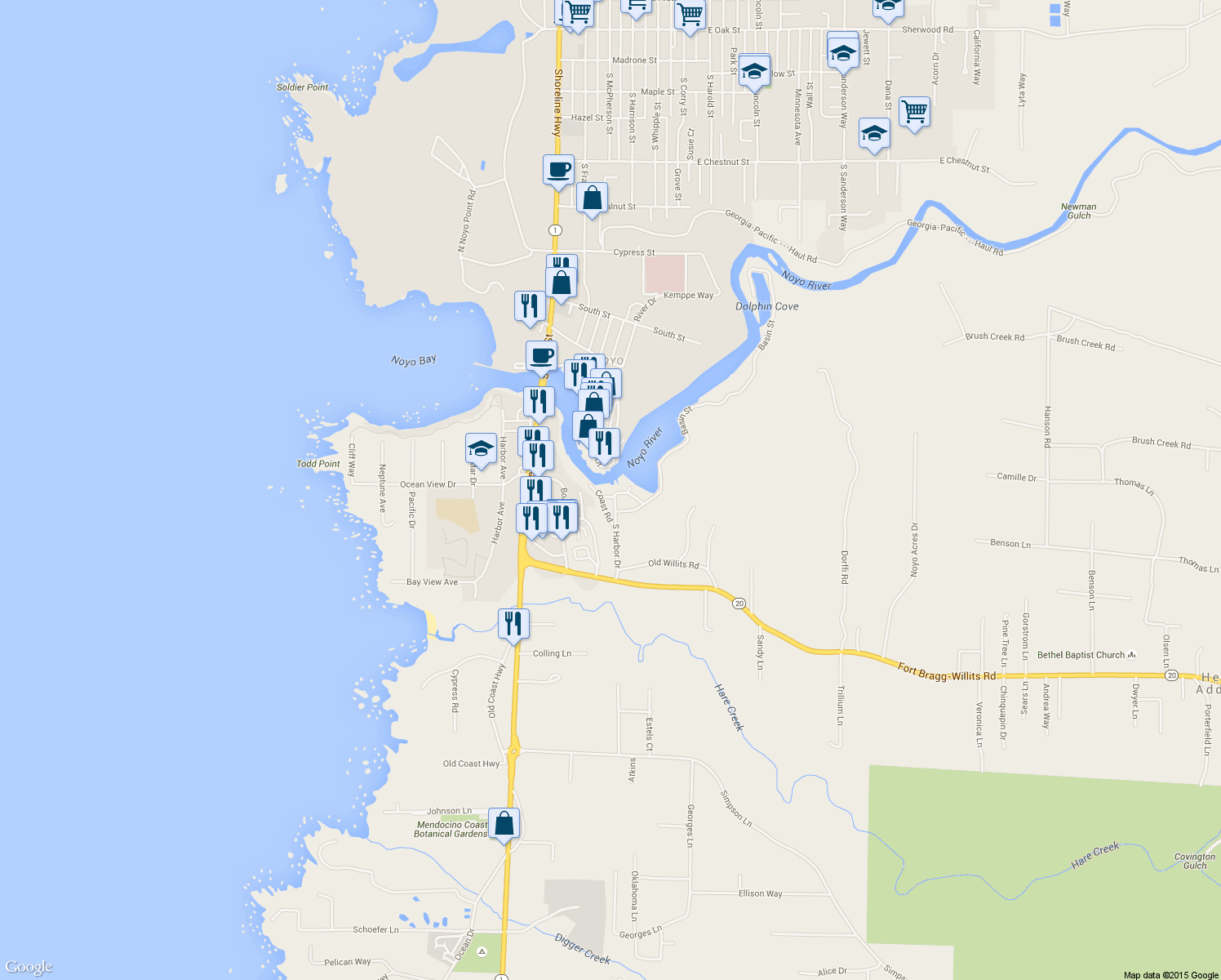 map of restaurants, bars, coffee shops, grocery stores, and more near 19280 South Harbor Drive in Fort Bragg