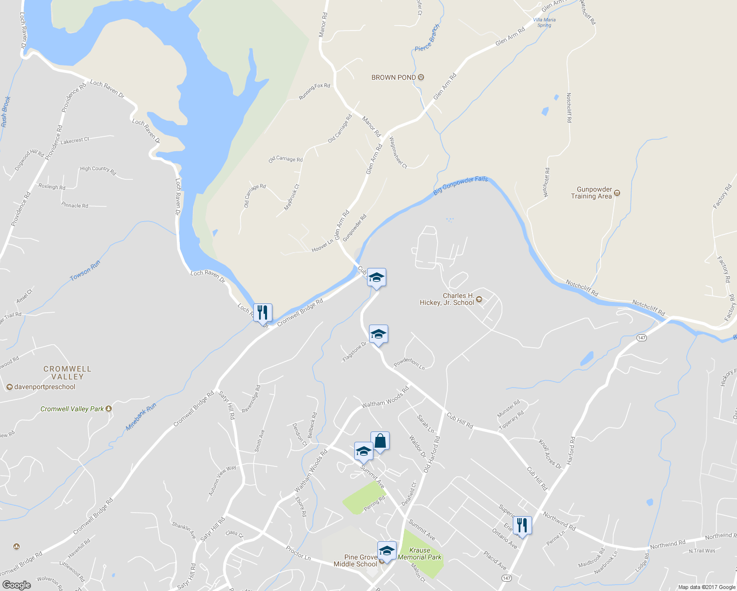 map of restaurants, bars, coffee shops, grocery stores, and more near 2401 Cub Hill Road in Parkville