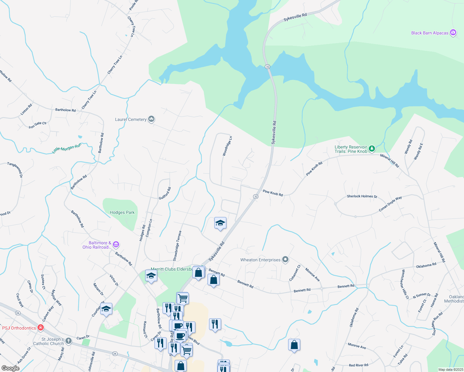 map of restaurants, bars, coffee shops, grocery stores, and more near 1518 Woodridge Lane in Sykesville