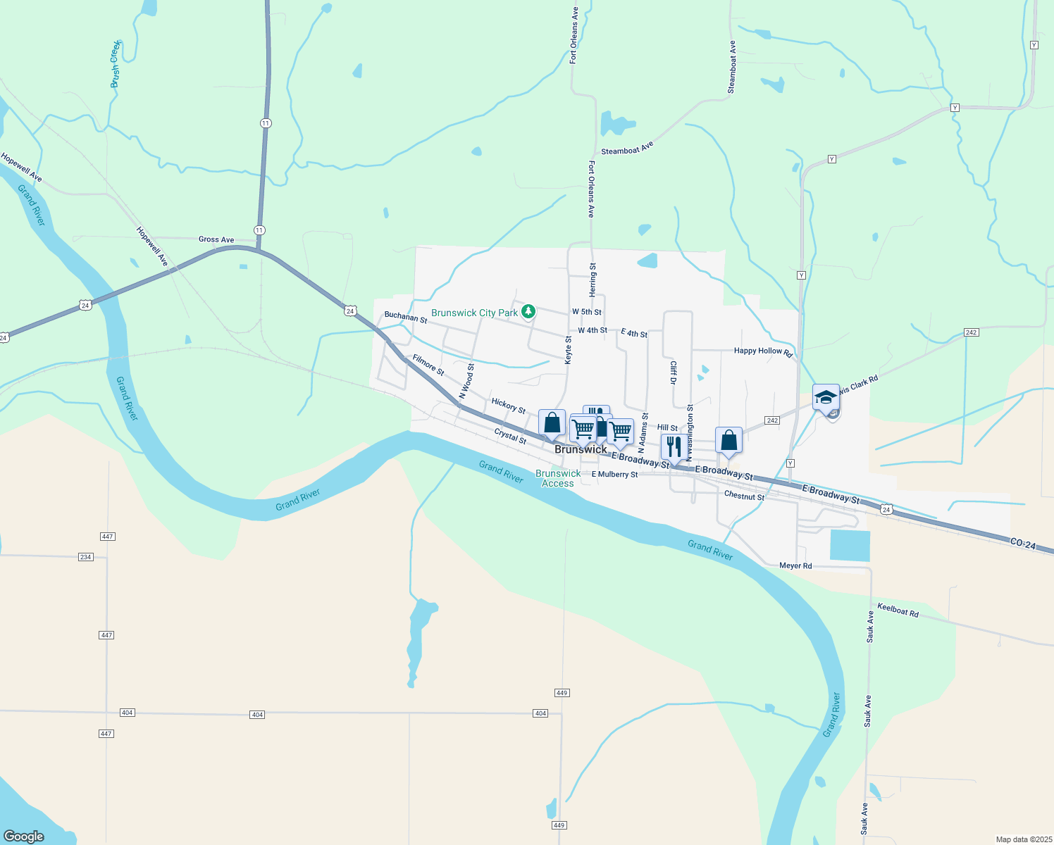 map of restaurants, bars, coffee shops, grocery stores, and more near 108 N Taylor St in Brunswick