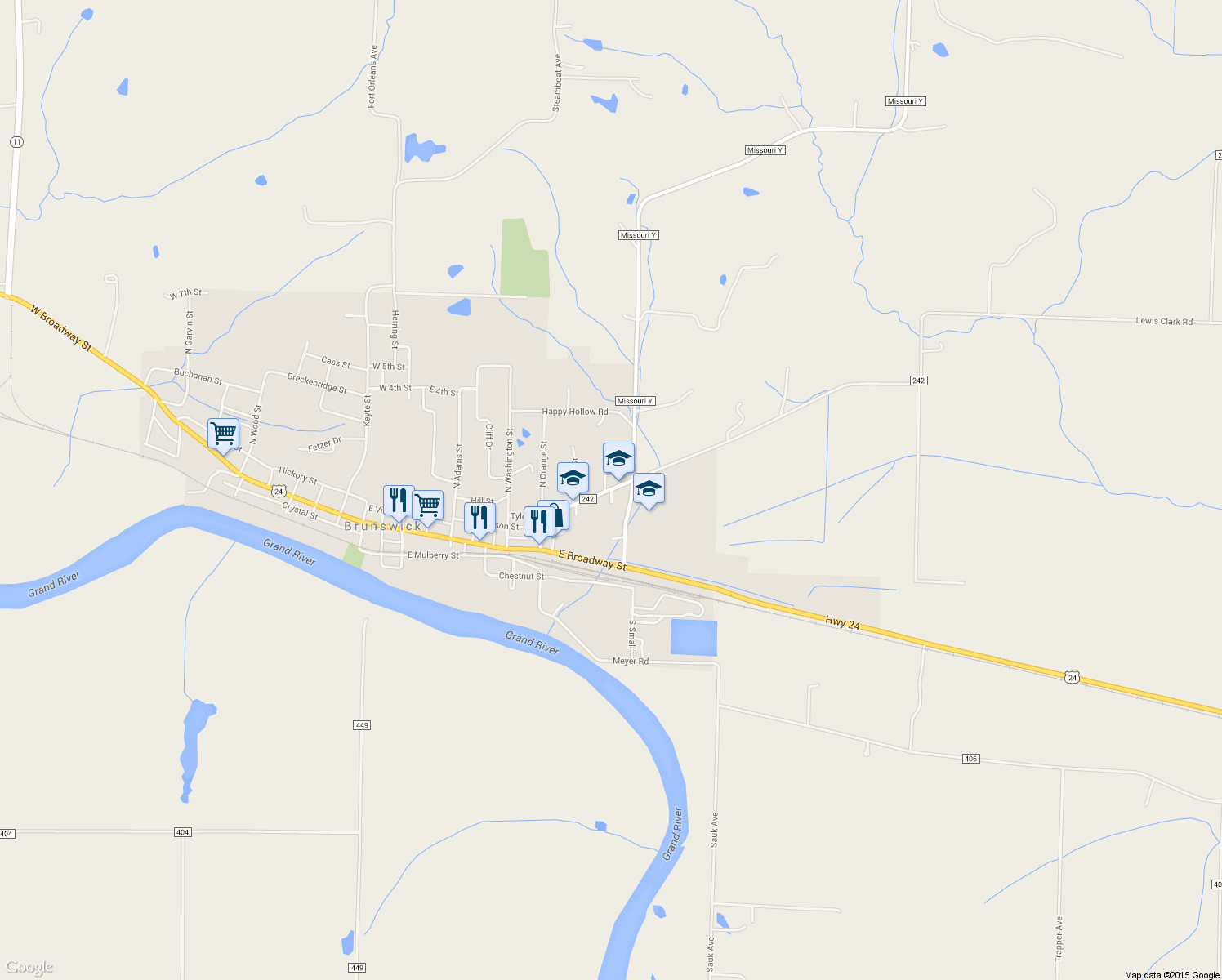 map of restaurants, bars, coffee shops, grocery stores, and more near 1042 County Road 242 in Brunswick