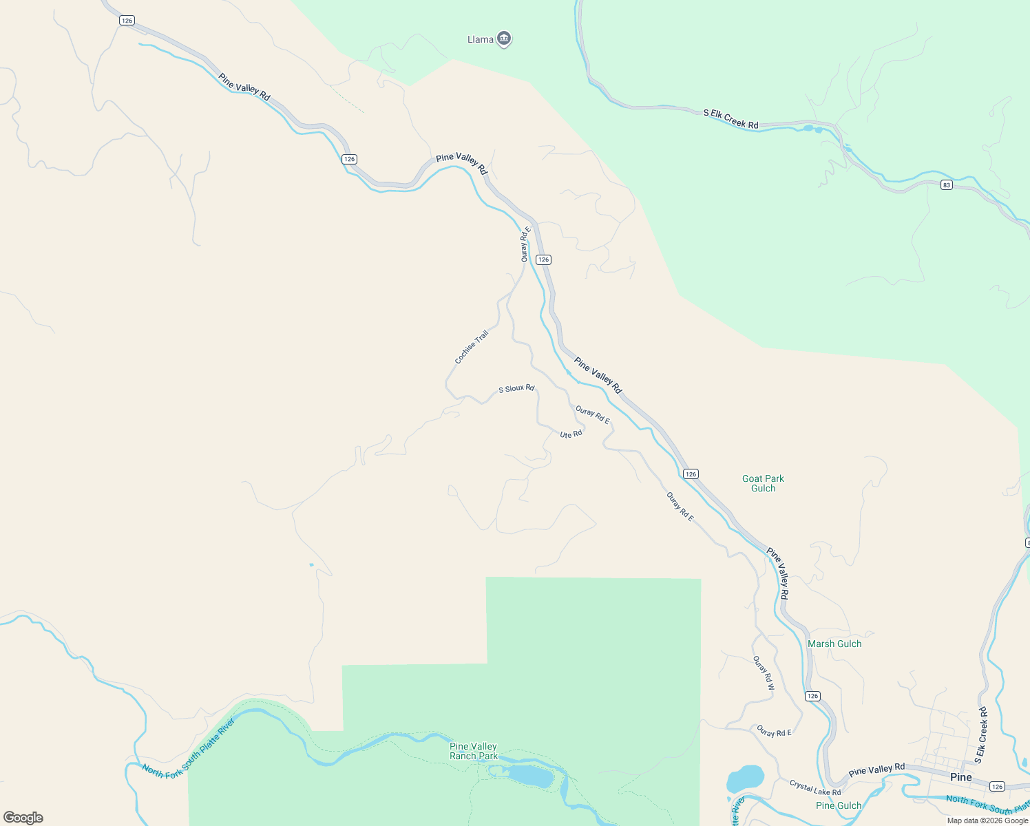 map of restaurants, bars, coffee shops, grocery stores, and more near 15831 South Sioux Road in Pine