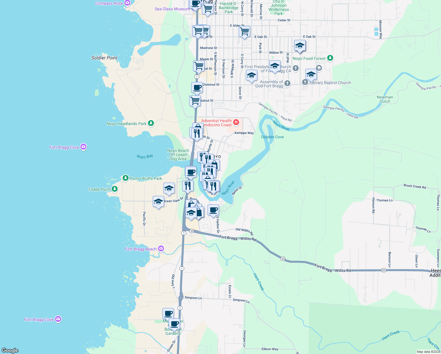 map of restaurants, bars, coffee shops, grocery stores, and more near 531 Casa Del Noyo in Fort Bragg