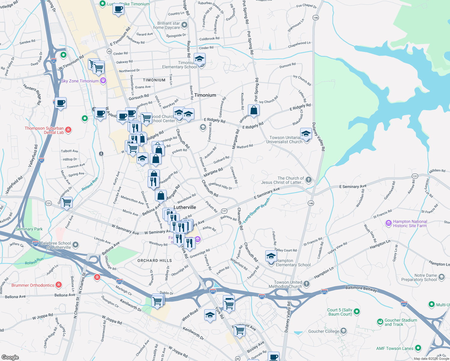 map of restaurants, bars, coffee shops, grocery stores, and more near 109 Martingale Road in Lutherville-Timonium