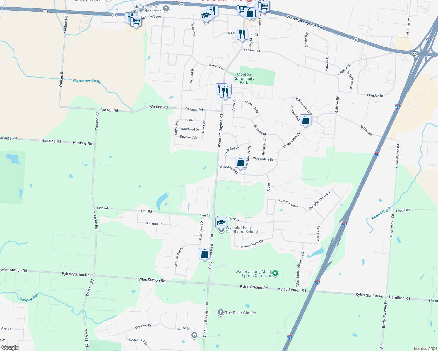 map of restaurants, bars, coffee shops, grocery stores, and more near 916 S Main St in Monroe