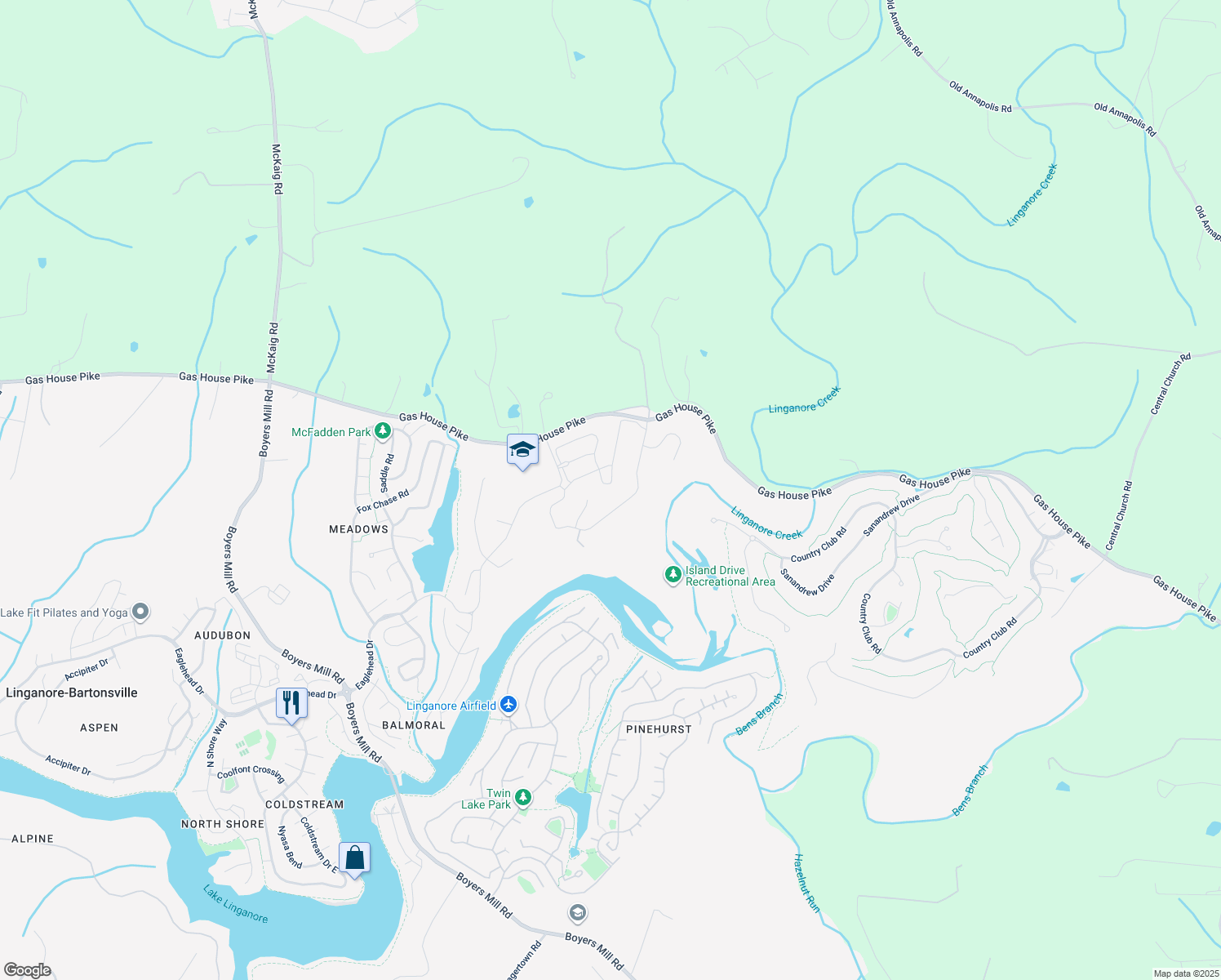 map of restaurants, bars, coffee shops, grocery stores, and more near 7129 Bodkin Way in New Market