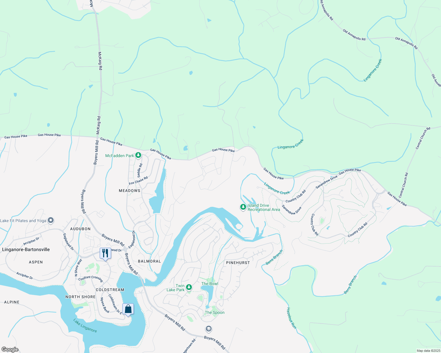 map of restaurants, bars, coffee shops, grocery stores, and more near 7129 Bodkin Way in New Market