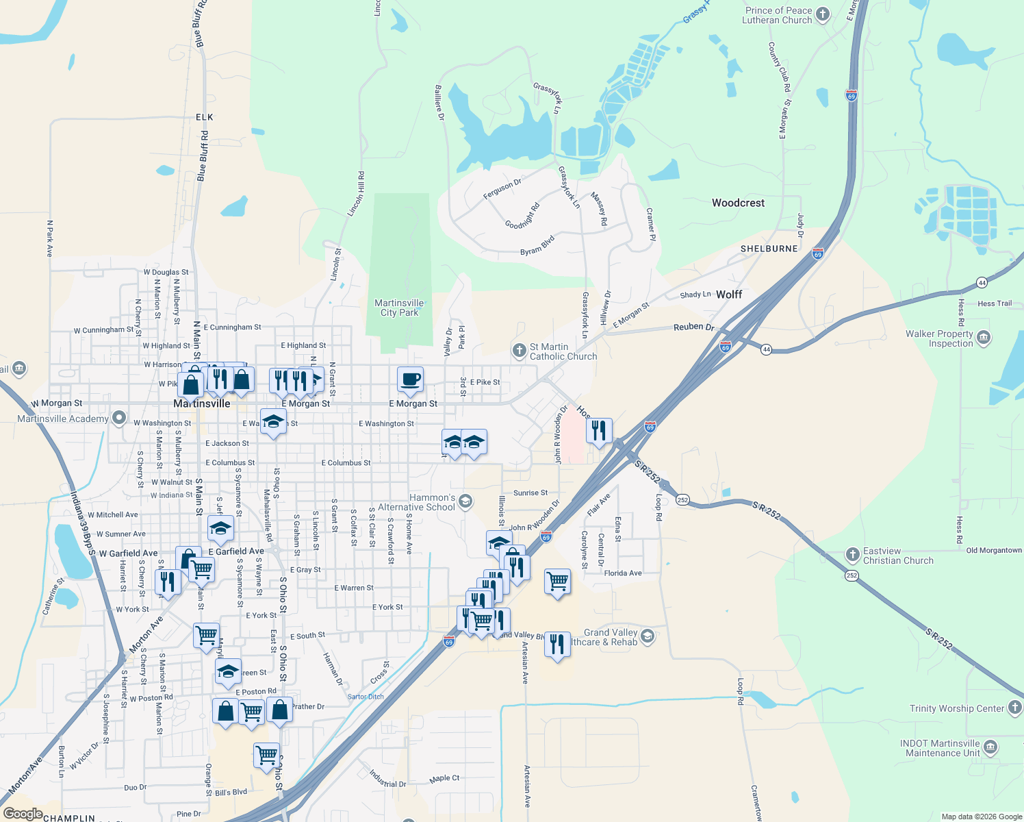 map of restaurants, bars, coffee shops, grocery stores, and more near 1611 E Morgan St in Martinsville