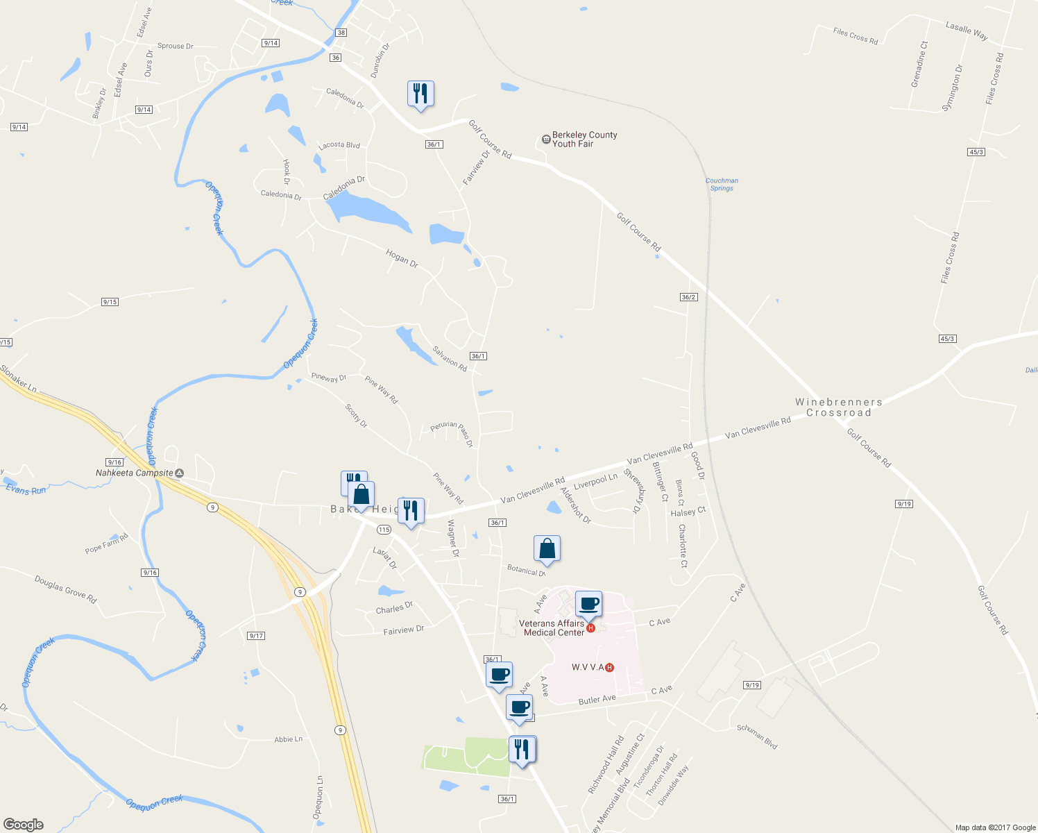 map of restaurants, bars, coffee shops, grocery stores, and more near 942 Needy Road in Martinsburg