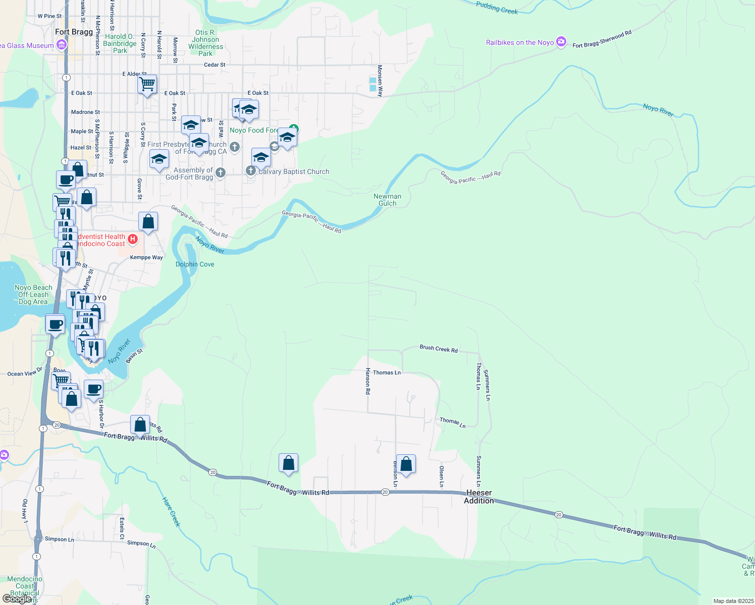 map of restaurants, bars, coffee shops, grocery stores, and more near 20001 Hanson Road in Fort Bragg