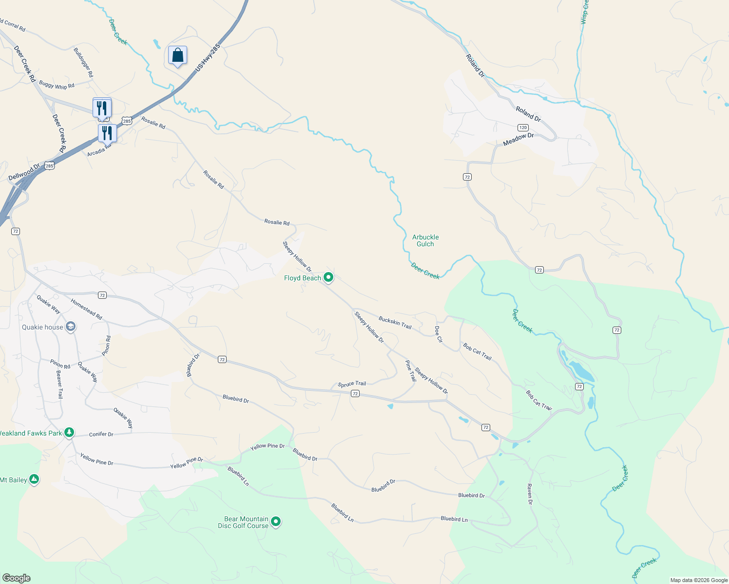 map of restaurants, bars, coffee shops, grocery stores, and more near 239 Catamount Ridge Road in Bailey