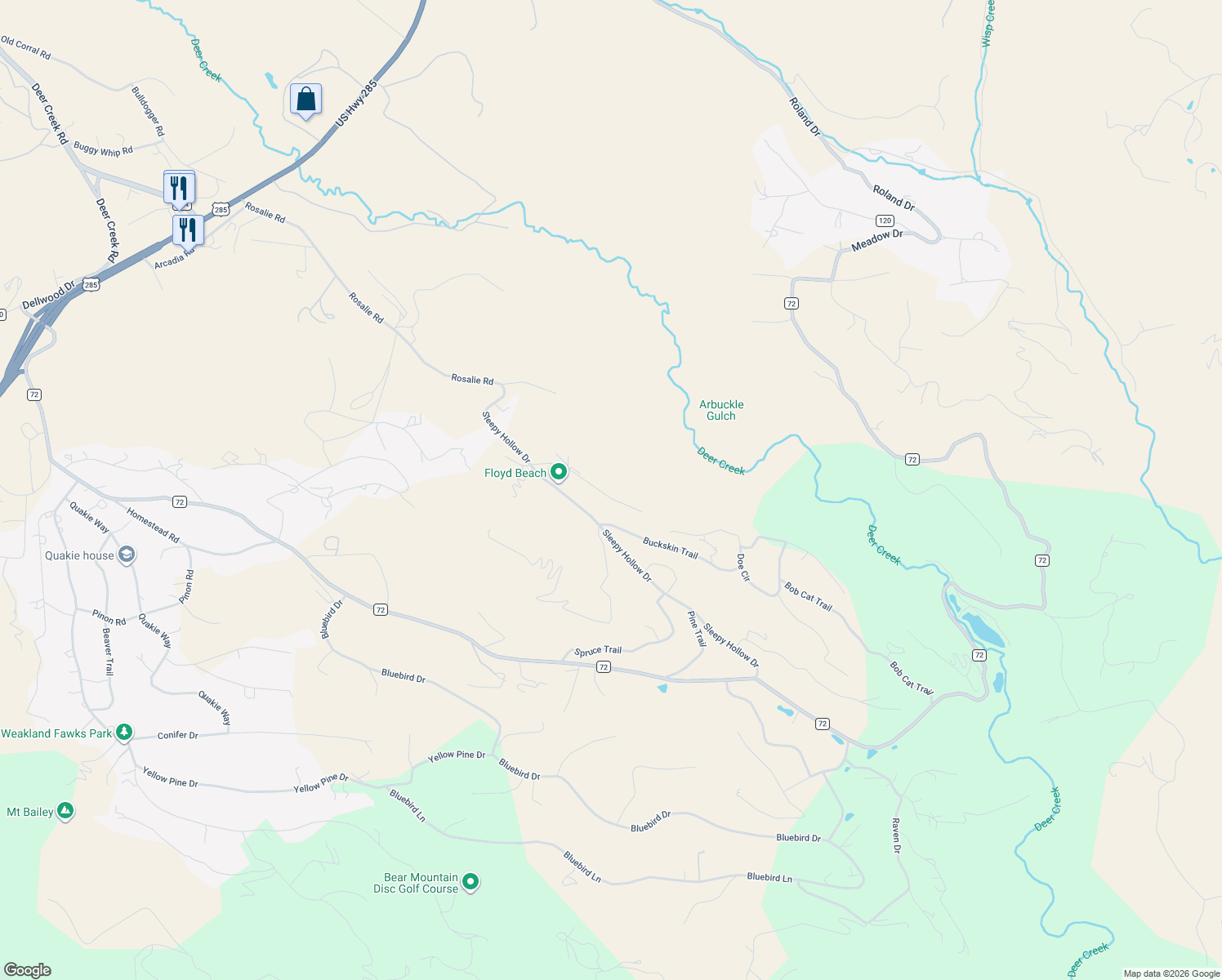 map of restaurants, bars, coffee shops, grocery stores, and more near 239 Catamount Ridge Road in Bailey