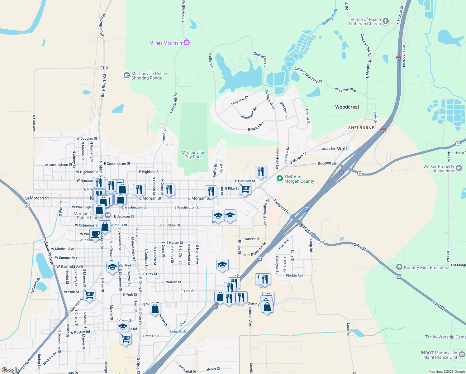 map of restaurants, bars, coffee shops, grocery stores, and more near 1510 E Pike St in Martinsville