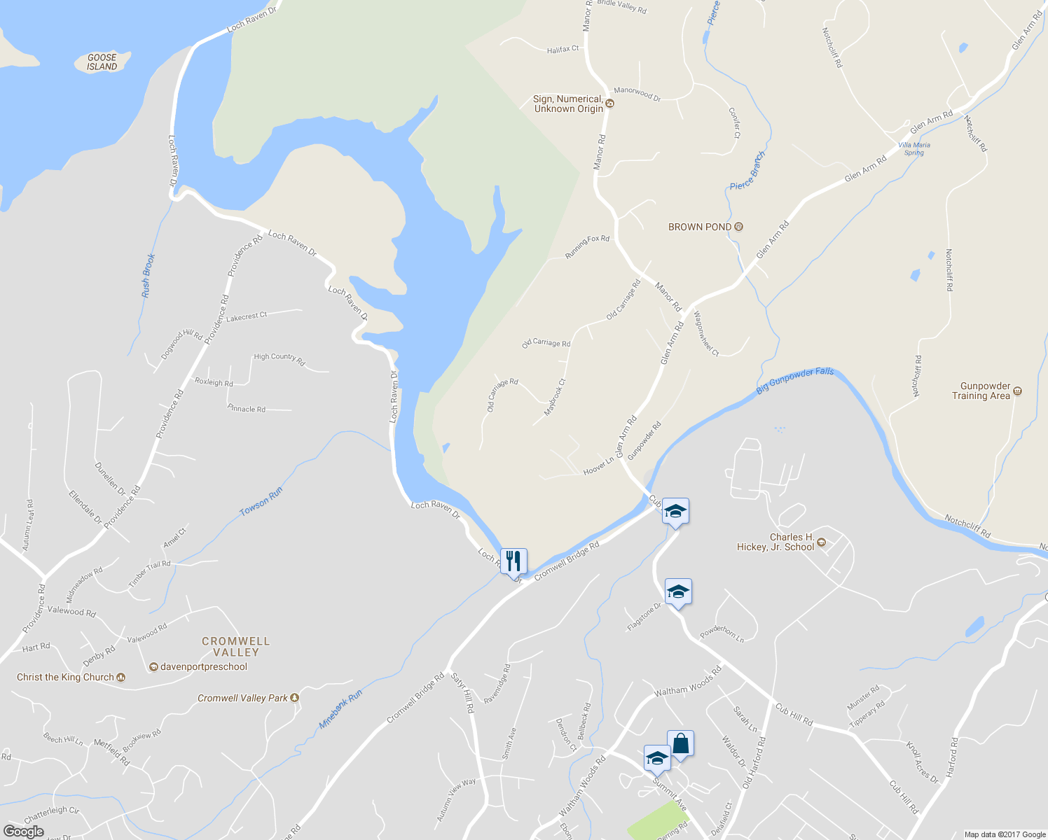 map of restaurants, bars, coffee shops, grocery stores, and more near 6 Maybrook Court in Glen Arm