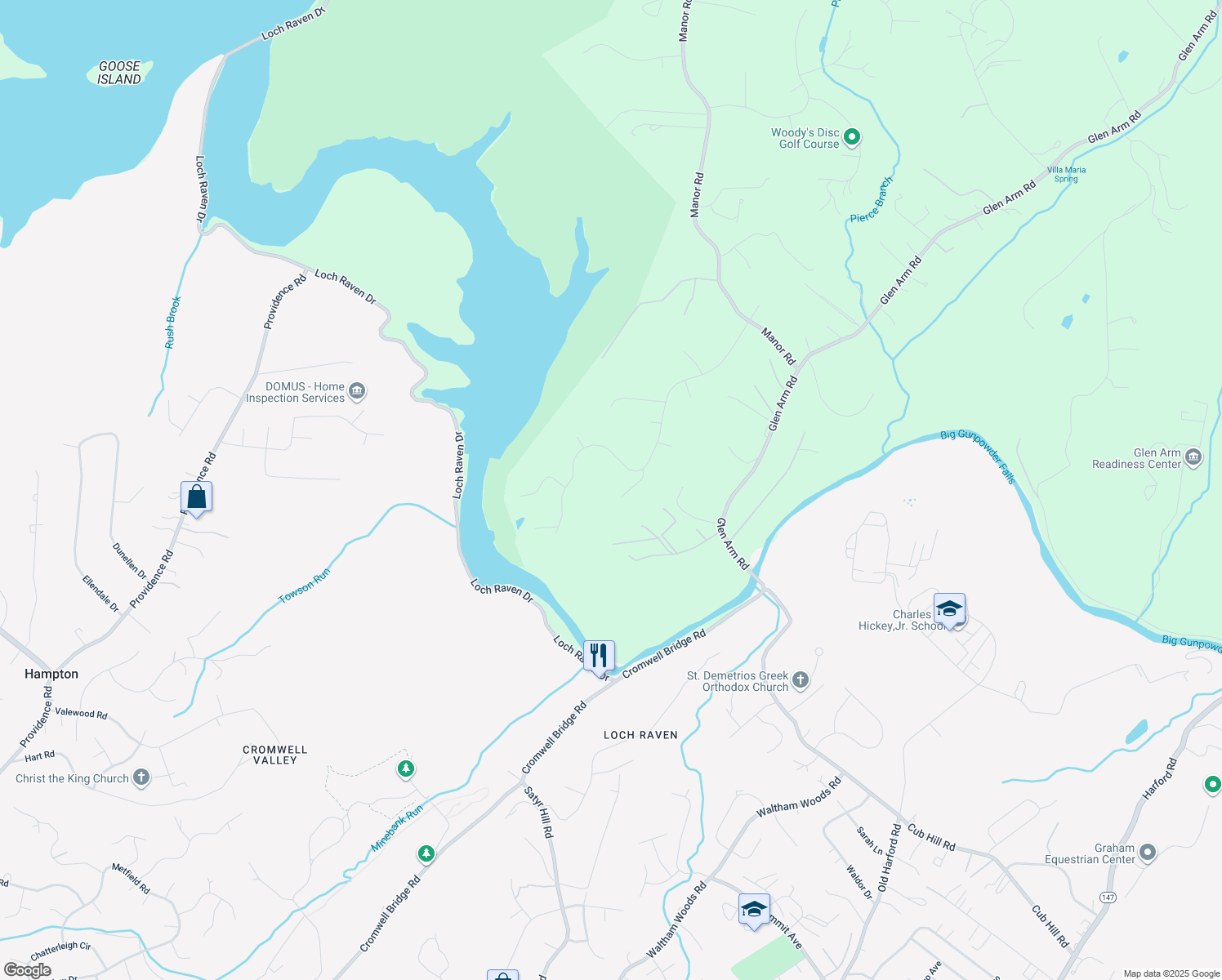 map of restaurants, bars, coffee shops, grocery stores, and more near 6 Maybrook Court in Glen Arm