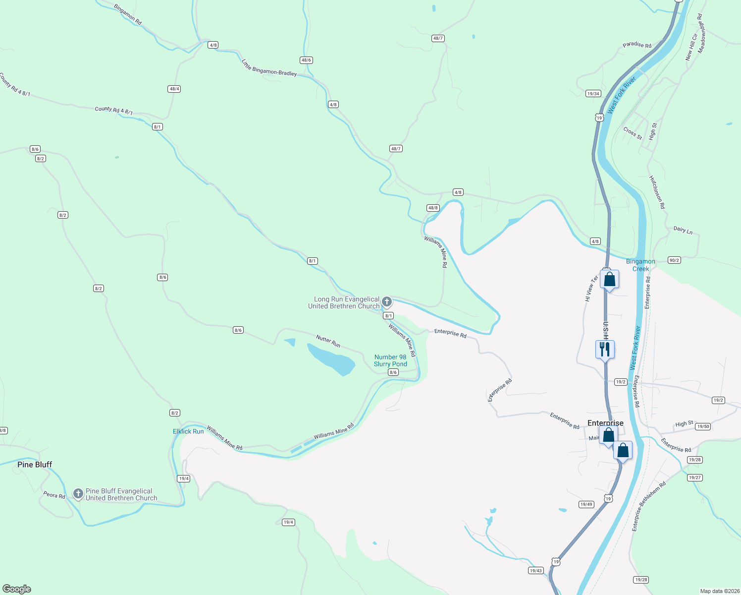 map of restaurants, bars, coffee shops, grocery stores, and more near Williams Mine Road in Worthington