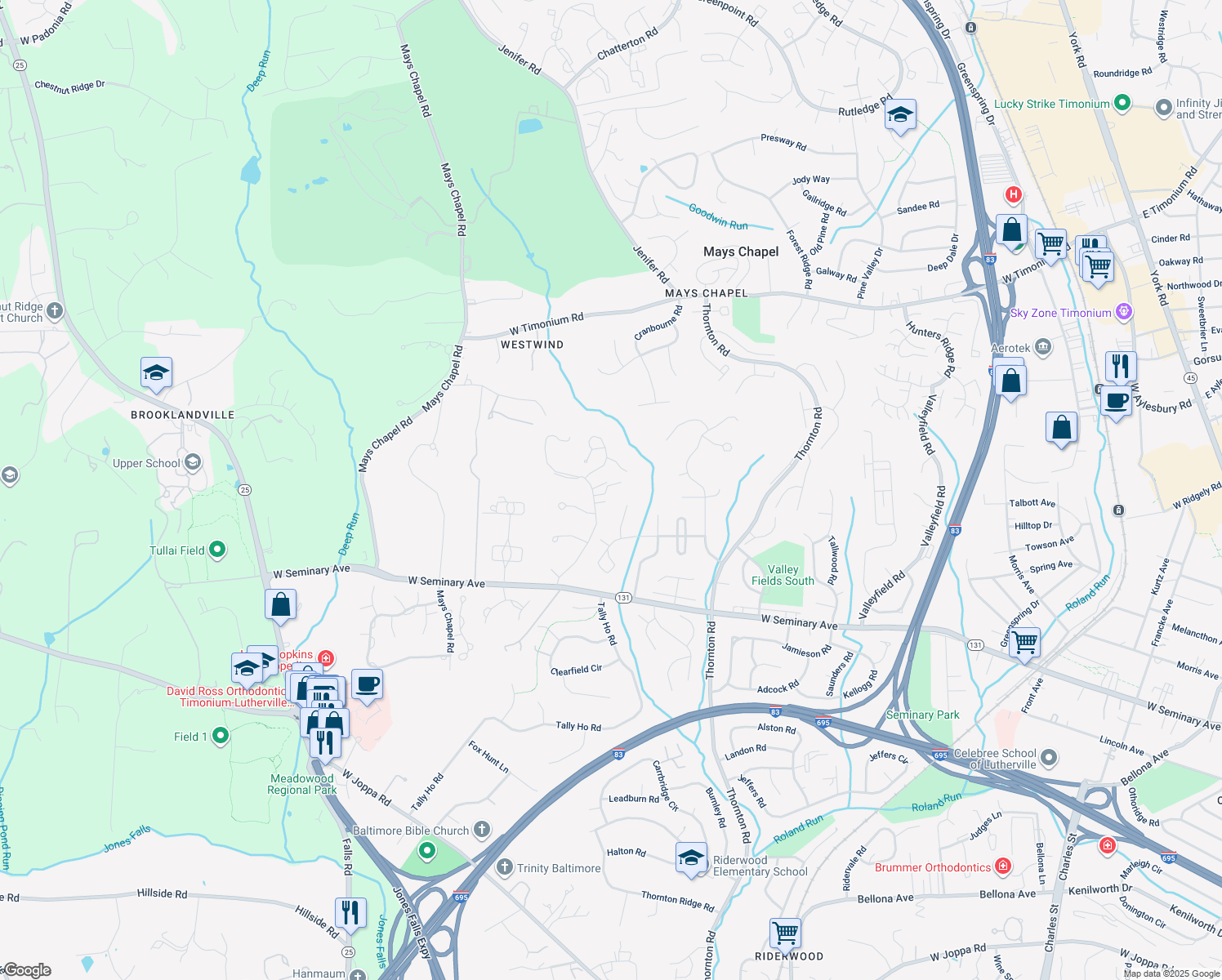 map of restaurants, bars, coffee shops, grocery stores, and more near 8531 Hill Spring Drive in Timonium