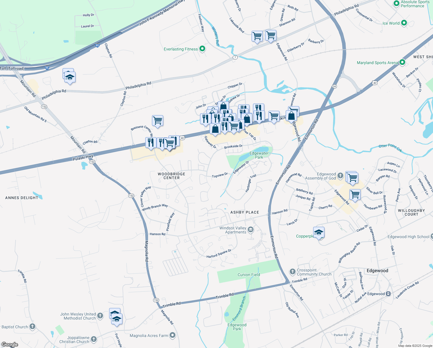 map of restaurants, bars, coffee shops, grocery stores, and more near 961 Topview Drive in Edgewood