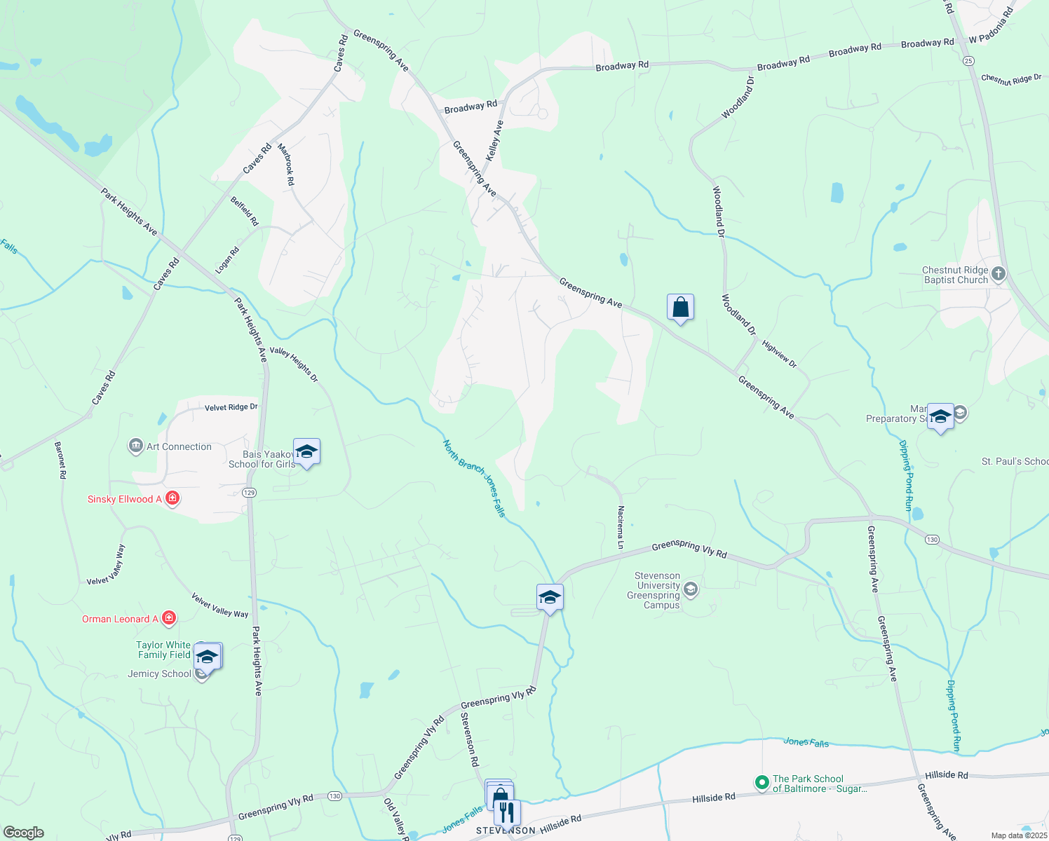 map of restaurants, bars, coffee shops, grocery stores, and more near 1810 By Woods Lane in Baltimore County