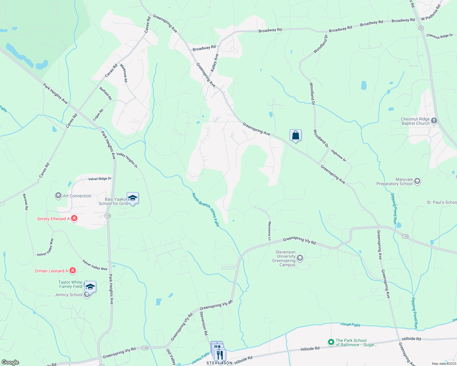 map of restaurants, bars, coffee shops, grocery stores, and more near 1810 By Woods Lane in Baltimore County