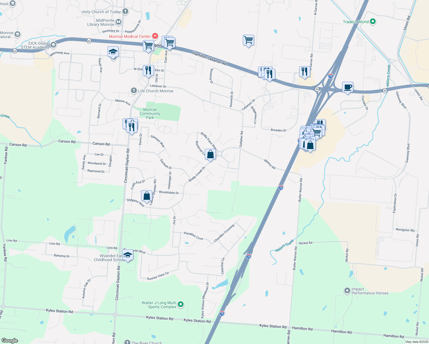 map of restaurants, bars, coffee shops, grocery stores, and more near 330 Steeplechase Ln in Monroe