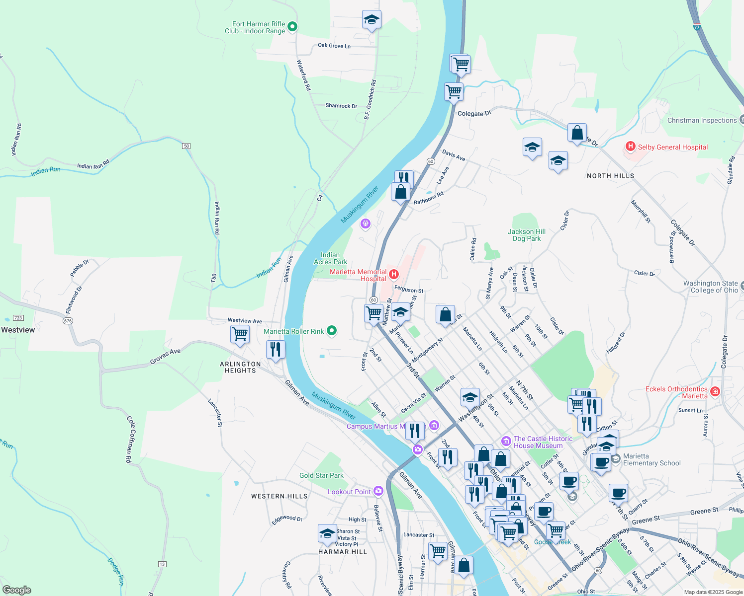 map of restaurants, bars, coffee shops, grocery stores, and more near 127 Muskingum Drive in Marietta