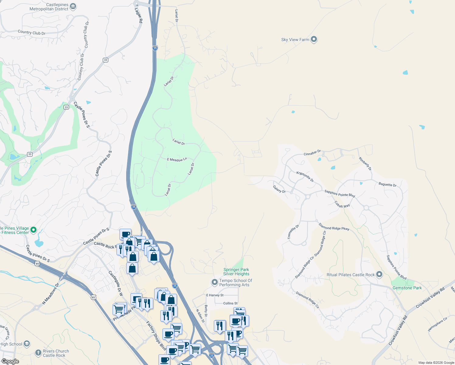 map of restaurants, bars, coffee shops, grocery stores, and more near 1070 Pawnee Trail in Castle Rock