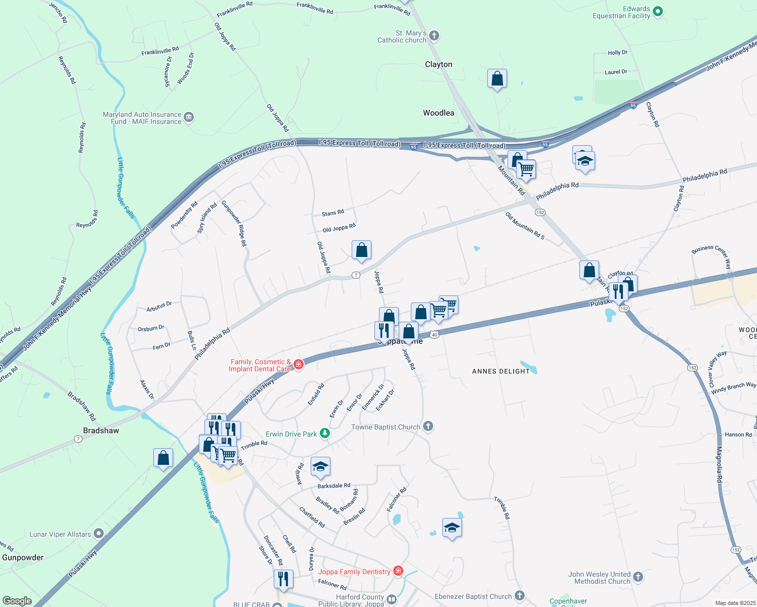 map of restaurants, bars, coffee shops, grocery stores, and more near 1208 Joppa Road in Joppa