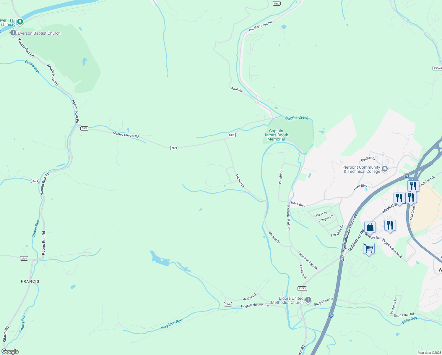 map of restaurants, bars, coffee shops, grocery stores, and more near 2101 Parkview Drive in Fairmont