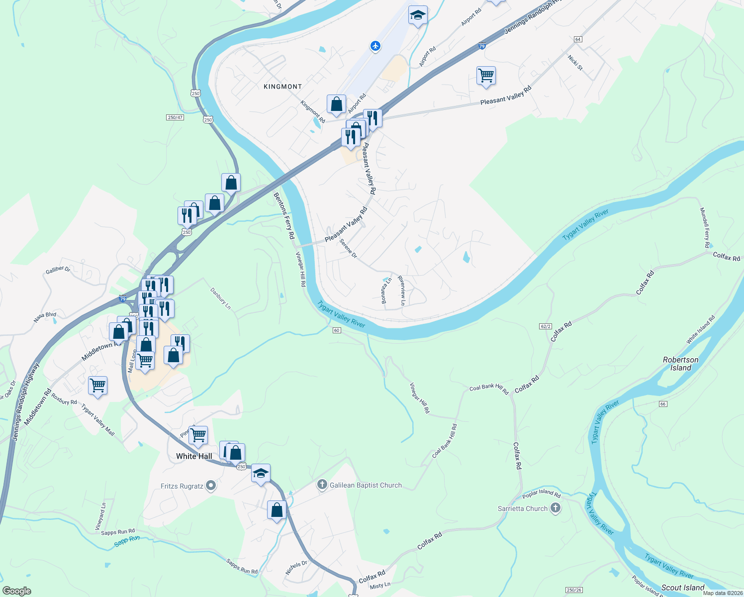 map of restaurants, bars, coffee shops, grocery stores, and more near 98 Aztec Ct in Pleasant Valley