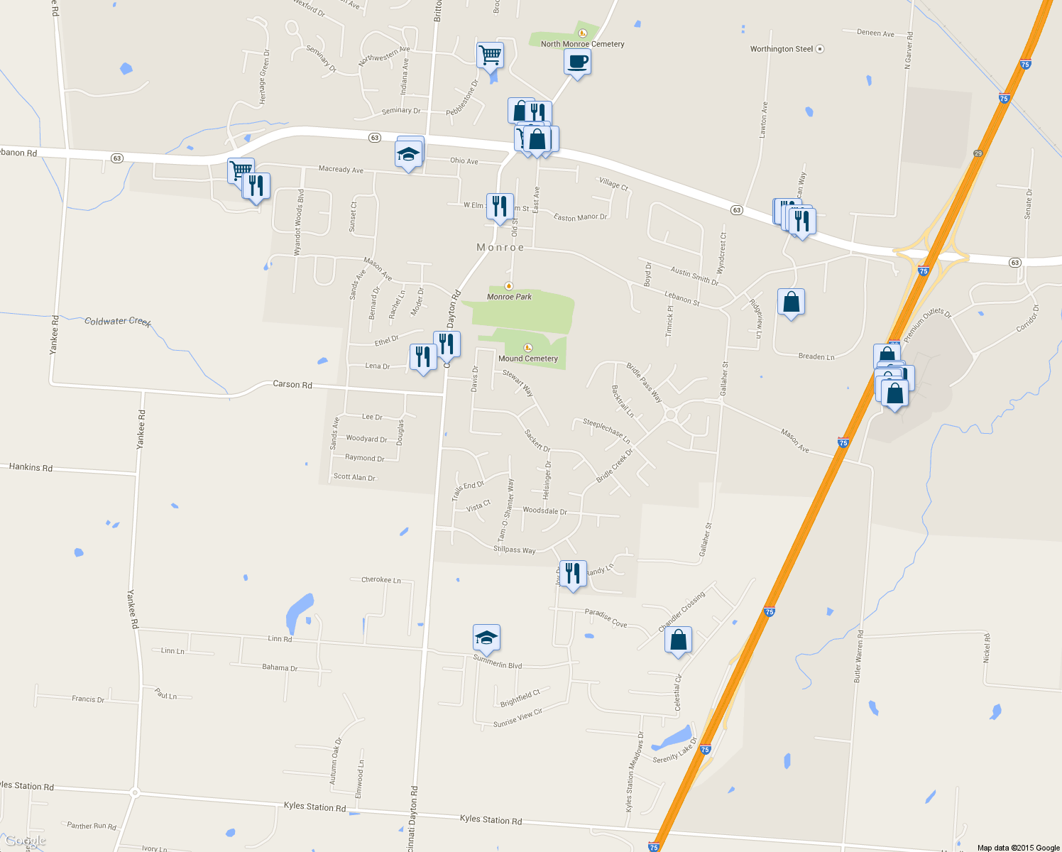 map of restaurants, bars, coffee shops, grocery stores, and more near 220 Sackett Dr in Monroe
