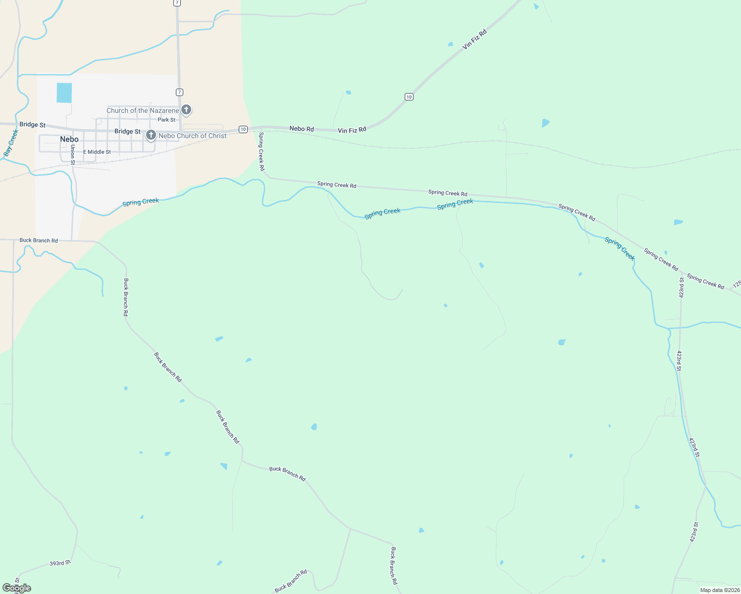 map of restaurants, bars, coffee shops, grocery stores, and more near 40773 Spring Creek Road in Nebo