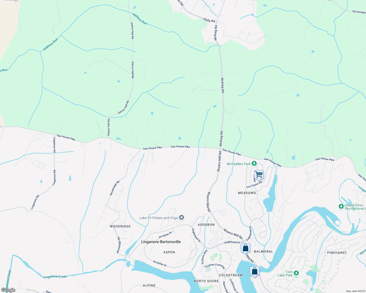 map of restaurants, bars, coffee shops, grocery stores, and more near Gas House Pike in Frederick