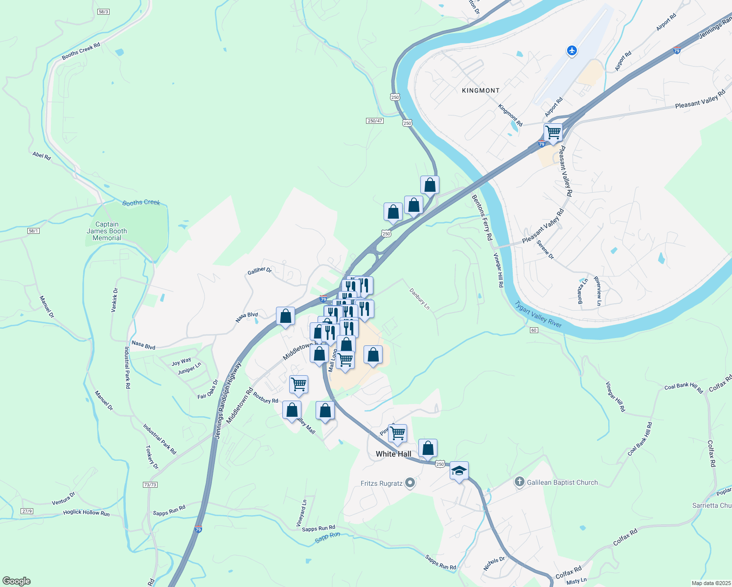 map of restaurants, bars, coffee shops, grocery stores, and more near 27 Southland Dr in Fairmont