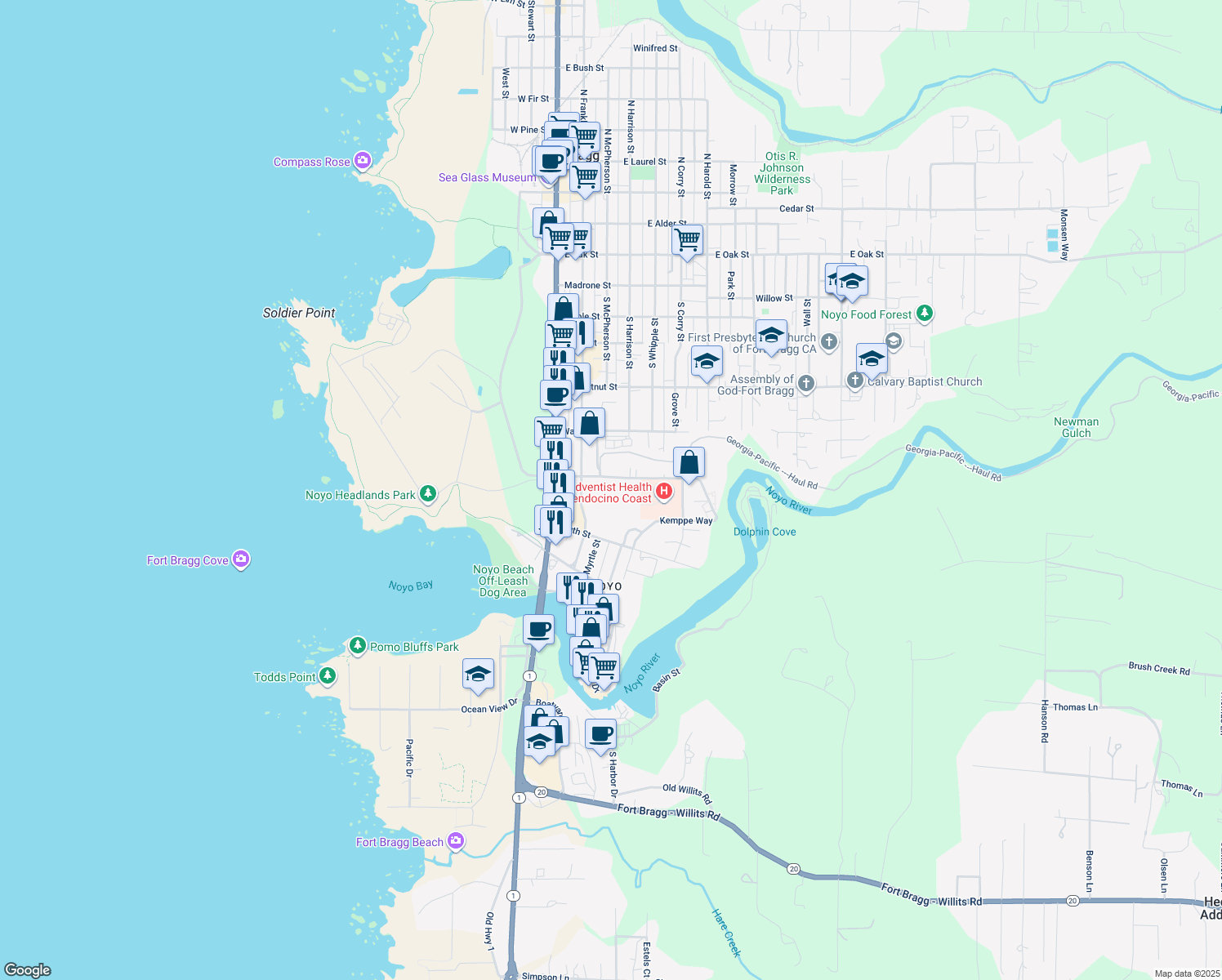 map of restaurants, bars, coffee shops, grocery stores, and more near 330 Cypress Street in Fort Bragg