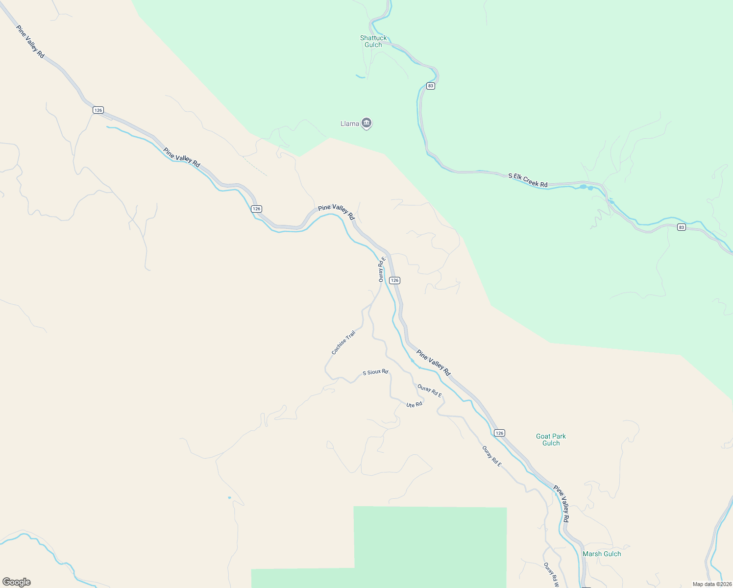 map of restaurants, bars, coffee shops, grocery stores, and more near 15479 Ouray Road East in Pine