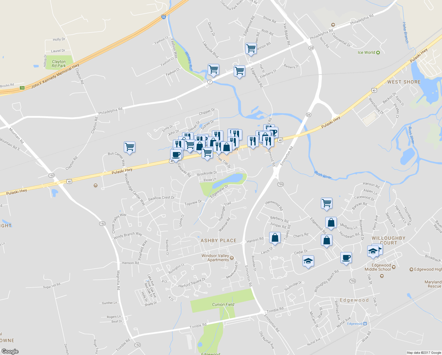 map of restaurants, bars, coffee shops, grocery stores, and more near 1865 Brookside Dr in Edgewood
