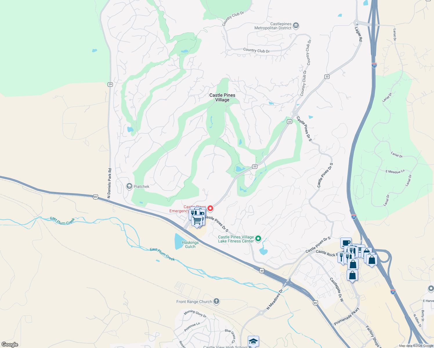 map of restaurants, bars, coffee shops, grocery stores, and more near 5 Elk Pointe Lane in Castle Rock