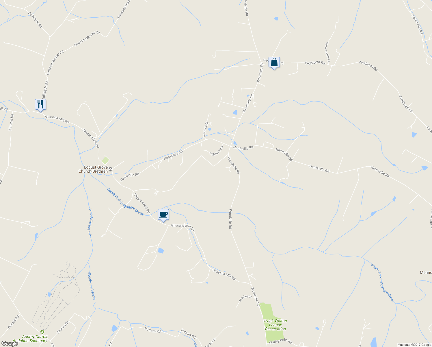 map of restaurants, bars, coffee shops, grocery stores, and more near 7219 Wilson Road in Mount Airy
