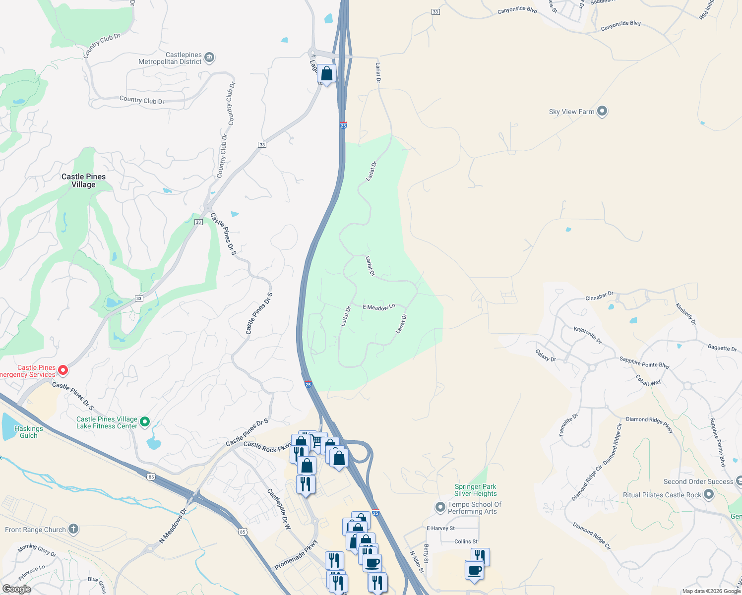 map of restaurants, bars, coffee shops, grocery stores, and more near 875 East Meadow Lane in Castle Rock
