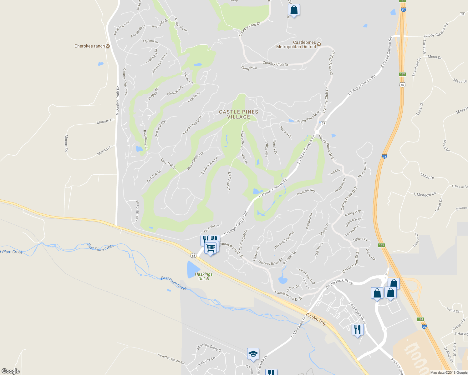 map of restaurants, bars, coffee shops, grocery stores, and more near 5 Elk Pointe Lane in Castle Rock