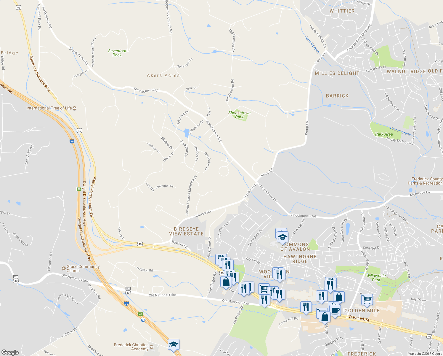map of restaurants, bars, coffee shops, grocery stores, and more near 6382 Overbrook Circle in Frederick