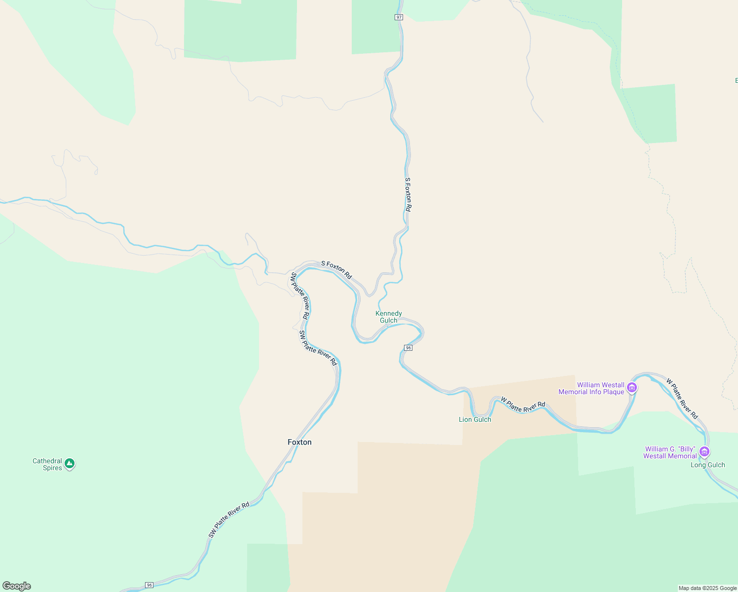 map of restaurants, bars, coffee shops, grocery stores, and more near County Road 97 in Deckers