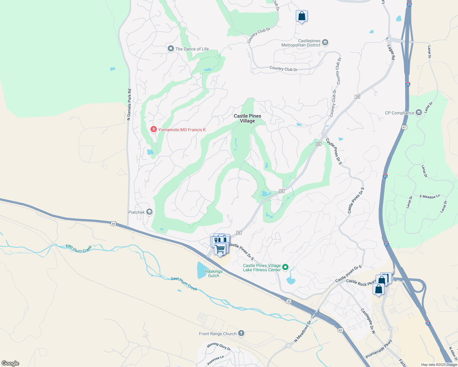 map of restaurants, bars, coffee shops, grocery stores, and more near 3 Elk Pointe Lane in Castle Rock