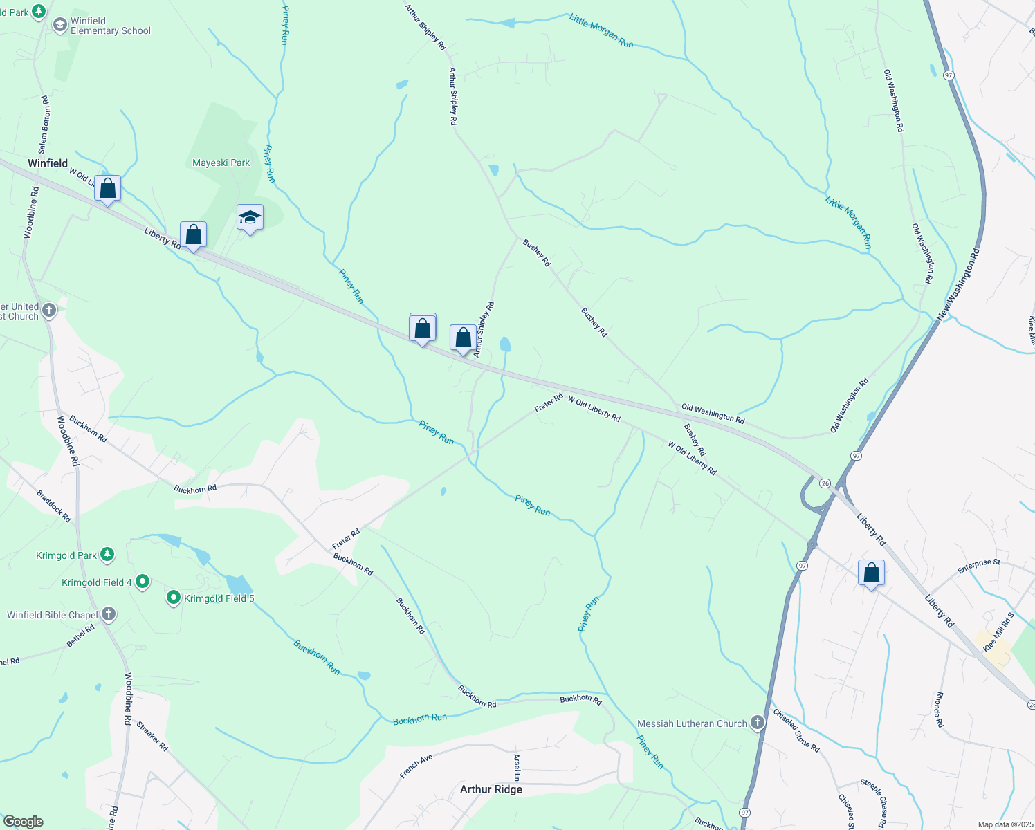 map of restaurants, bars, coffee shops, grocery stores, and more near 5036 Freter Road in Sykesville