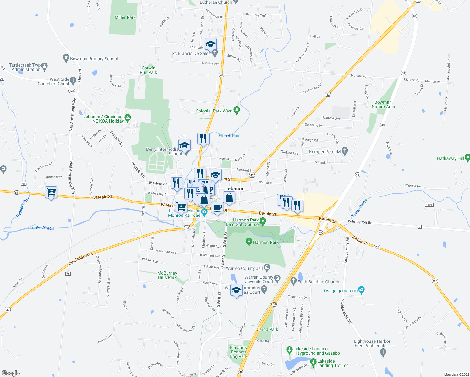 map of restaurants, bars, coffee shops, grocery stores, and more near in Lebanon