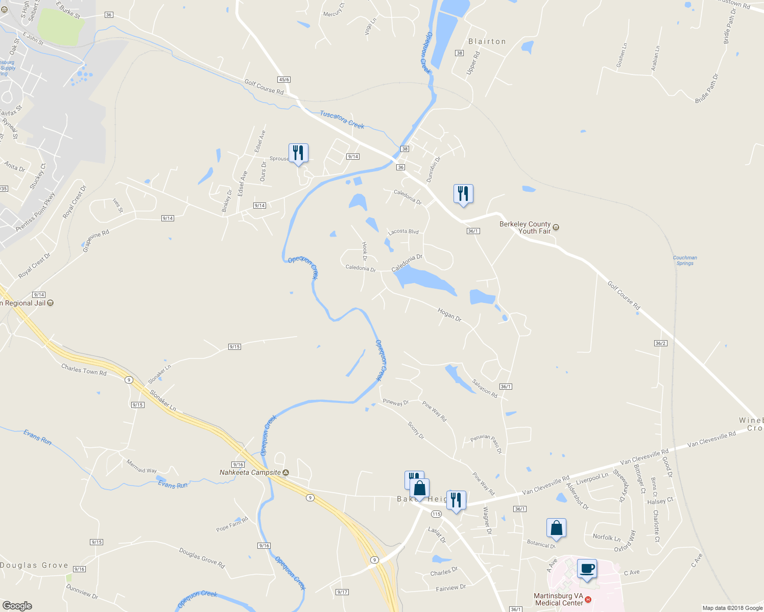 map of restaurants, bars, coffee shops, grocery stores, and more near 62 Niblick Court in Martinsburg